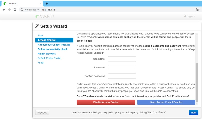 Control de acceso octoprint